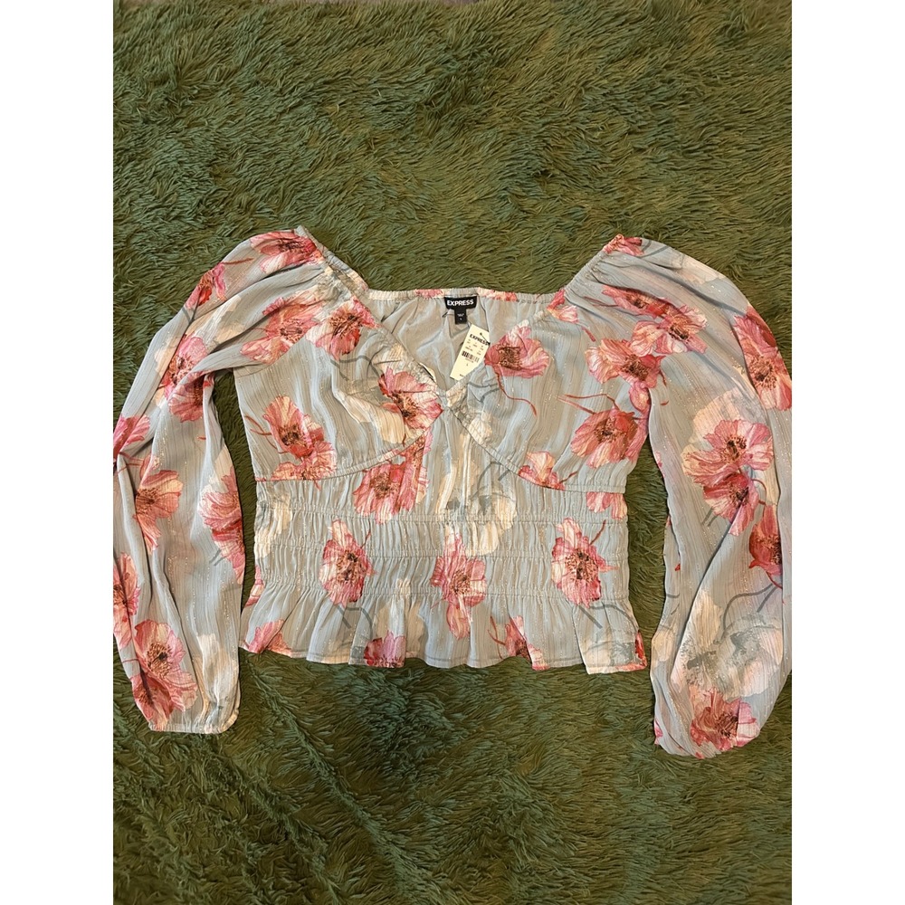 Express Floral Smocked Crop Top Blue Pink Flowers Long Sleeve NWT NEW Size L
